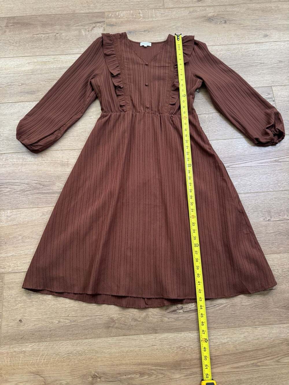Sweet Salt Brown Midi Dress Womens L Ruffle Long Sleeve Stretch Cottagecore - Picture 12 of 16